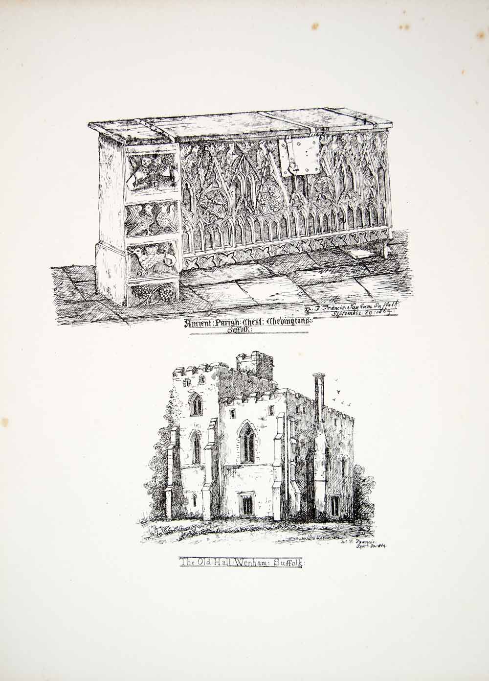1864 Lithograph WF Francis Art Furniture Chevington Wenham Castle England UK ZZ8