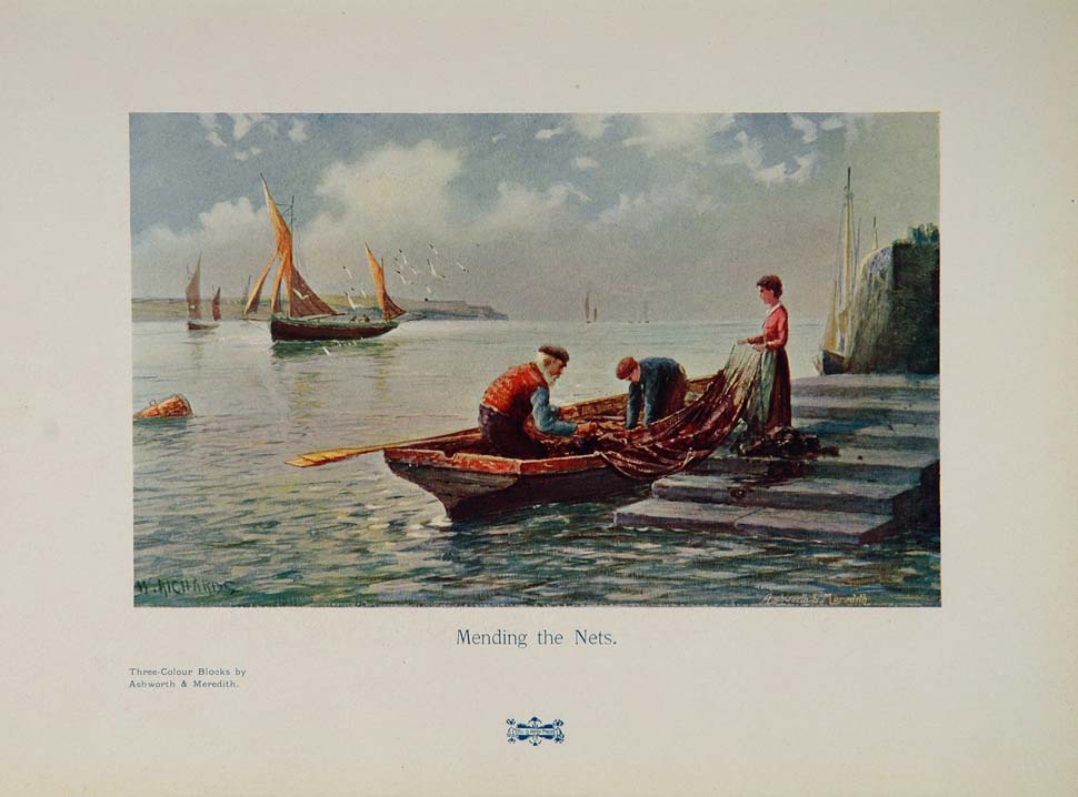 1905 Mending Fishing Nets Fishermen W. Richards Print - ORIGINAL 1905