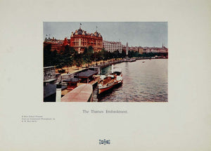 1905 River Thames Embankment London Boats Color Print - ORIGINAL 1905