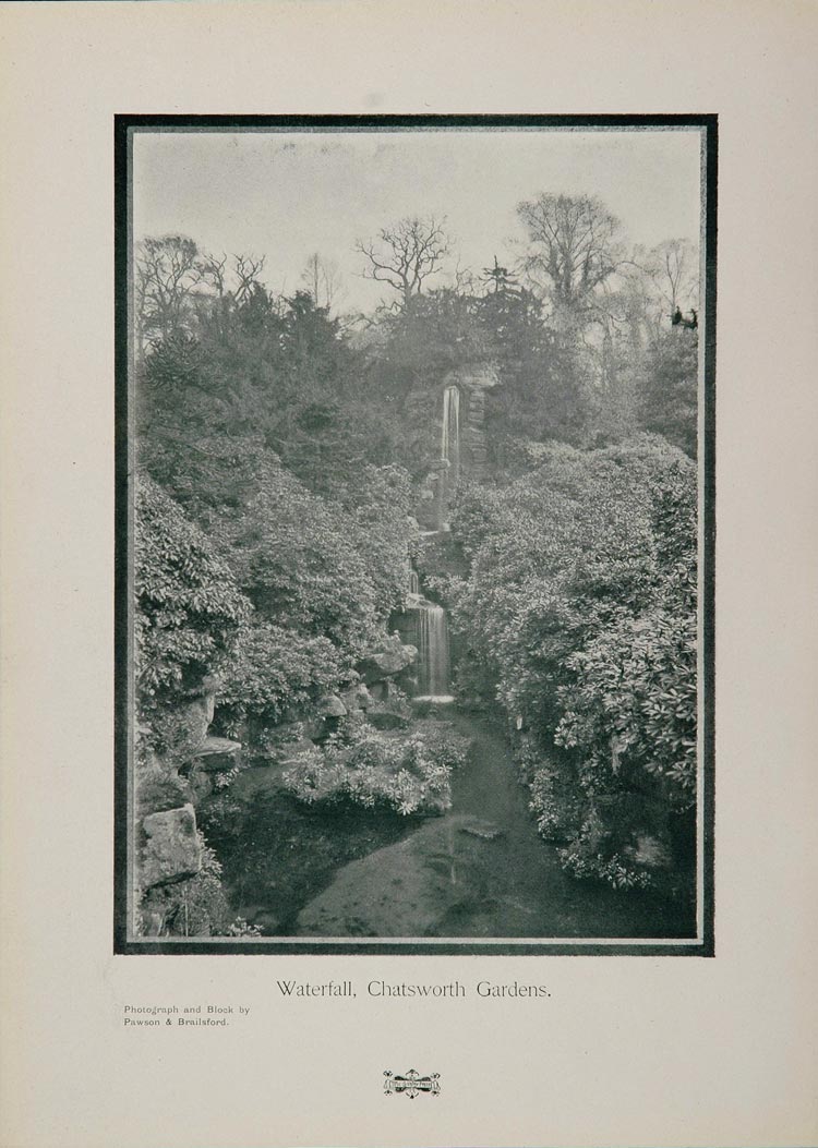 1905 Waterfall Chatsworth House Garden England Print - ORIGINAL HISTORIC 1905
