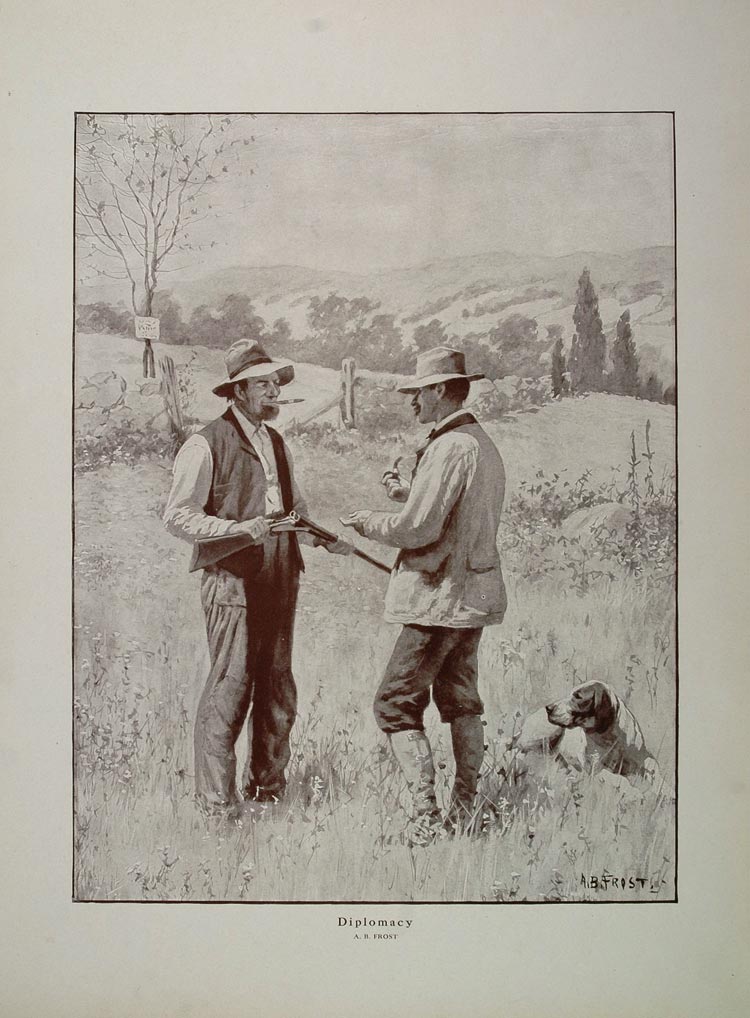 1914 A. B. Frost Diplomacy Hunter Hunting Dog Print - ORIGINAL HISTORIC AA1