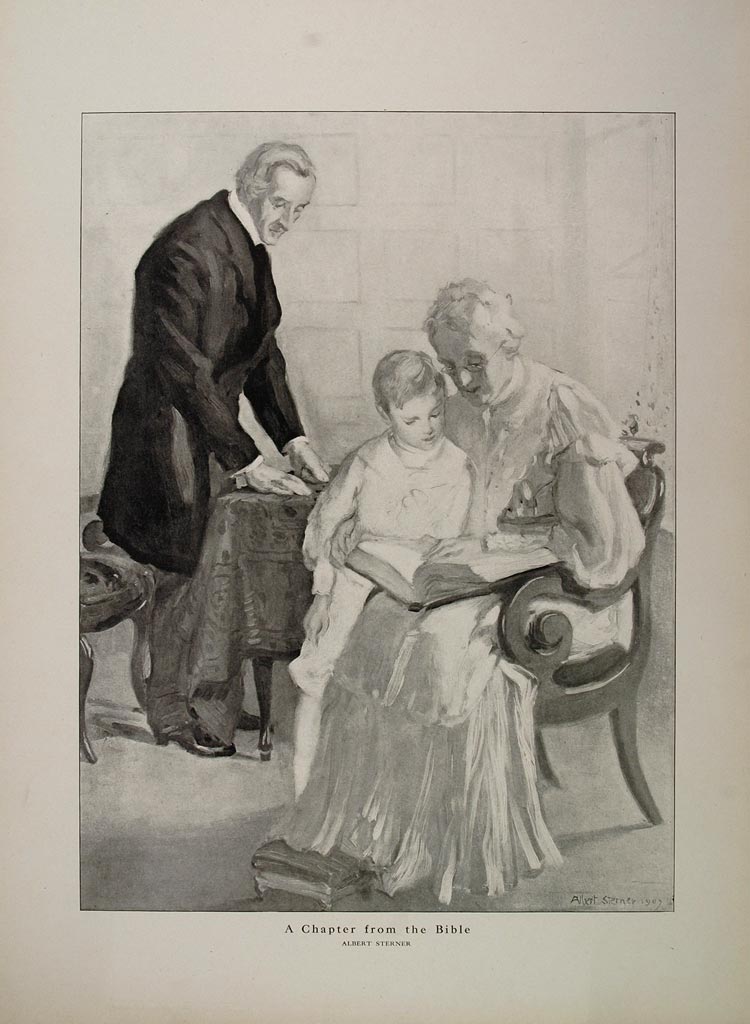 1914 Albert Sterner Child Bible Grandmother B/W Print ORIGINAL HISTORIC AA1
