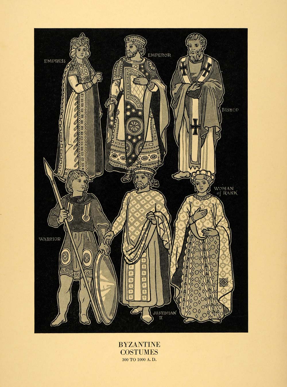 1929 Print Byzantine Costume Emperor Empress Warrior Bishop Woman AA3