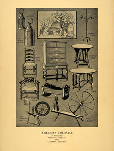 1929 Print American Colonial Furniture Spinning Wheels ORIGINAL HISTORIC AA3