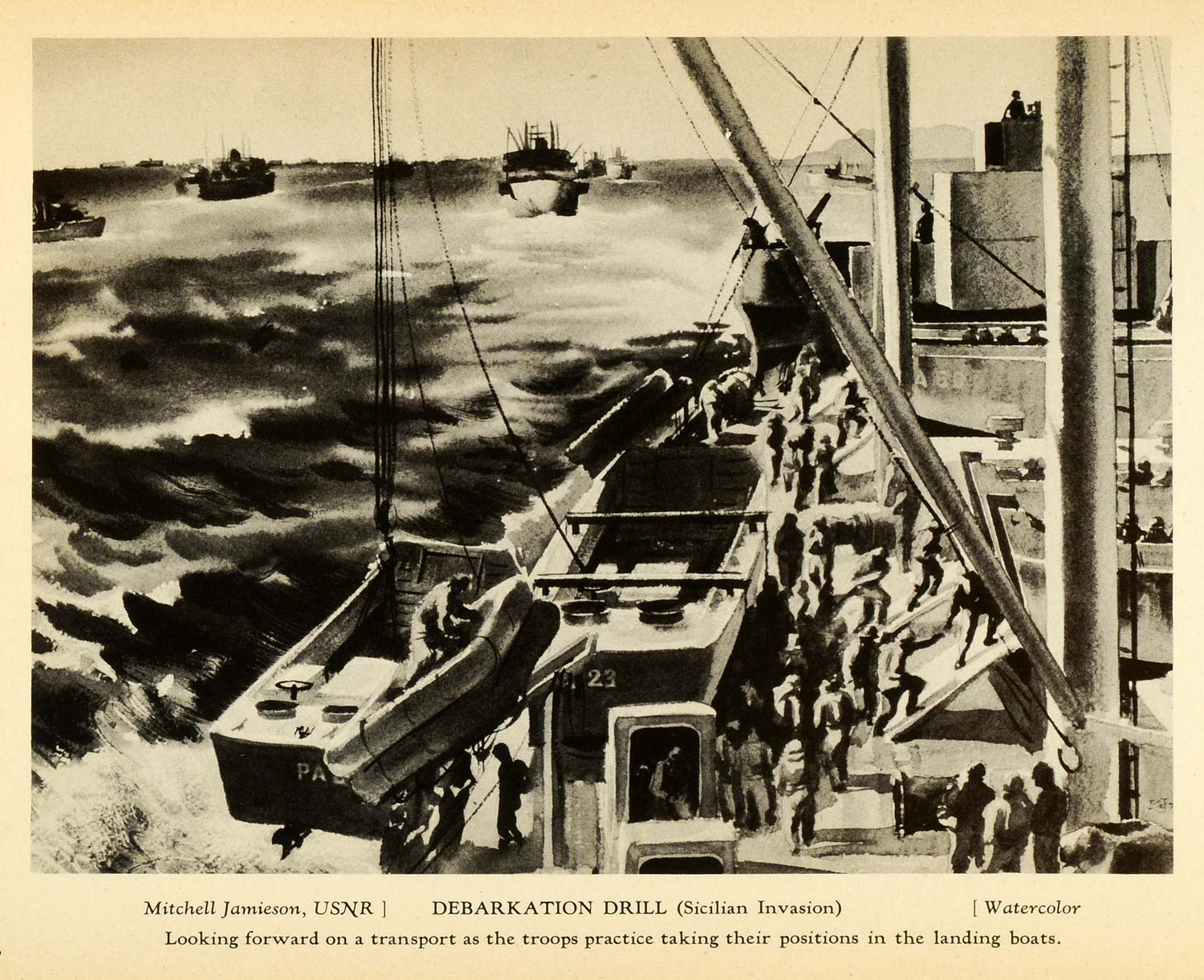 1944 Print WWII Transport Navy Debarkation Drill Landing Boats Jamieson War AAF1