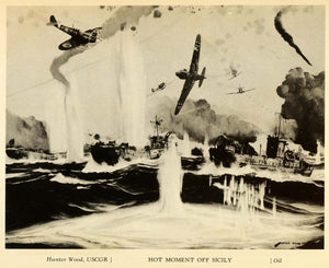 1944 Print Hunter Wood Art Coast Guard Axis Planes Aerial Warfare Sicily AAF1 - Period Paper
