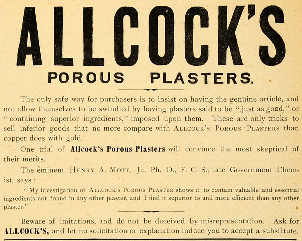 1890 Ad Allcock's Porous Plaster Henry A Mott Jr Government Chemist AAG1
