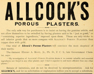 1890 Ad Allcock's Porous Plaster Henry A Mott Jr Government Chemist AAG1