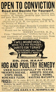 1890 Ad Dr. Haas Hog Remedy Clifton Springs Testimony Henry Foster John AAG1