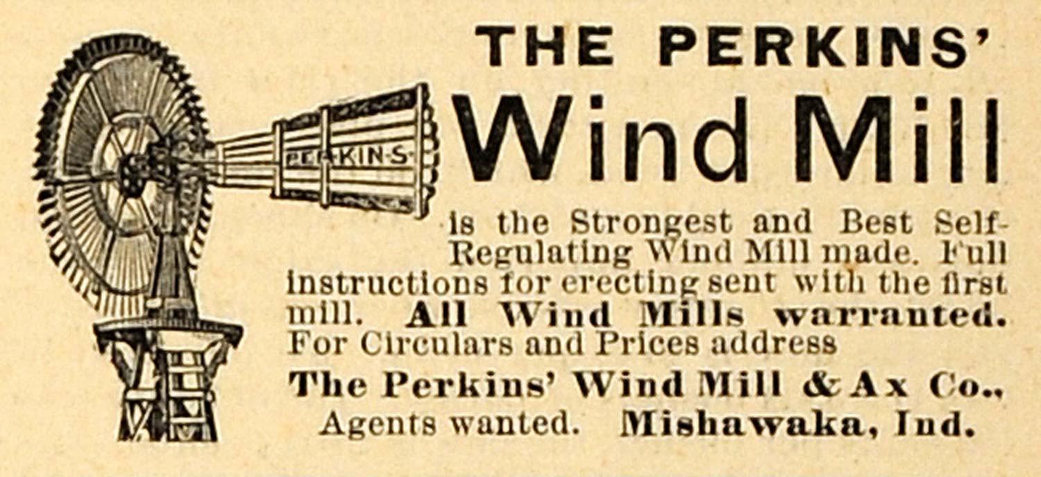 1890 Ad Perkins Antique Regulating Wind Mill Mishawaka Indiana Agricultural AAG1