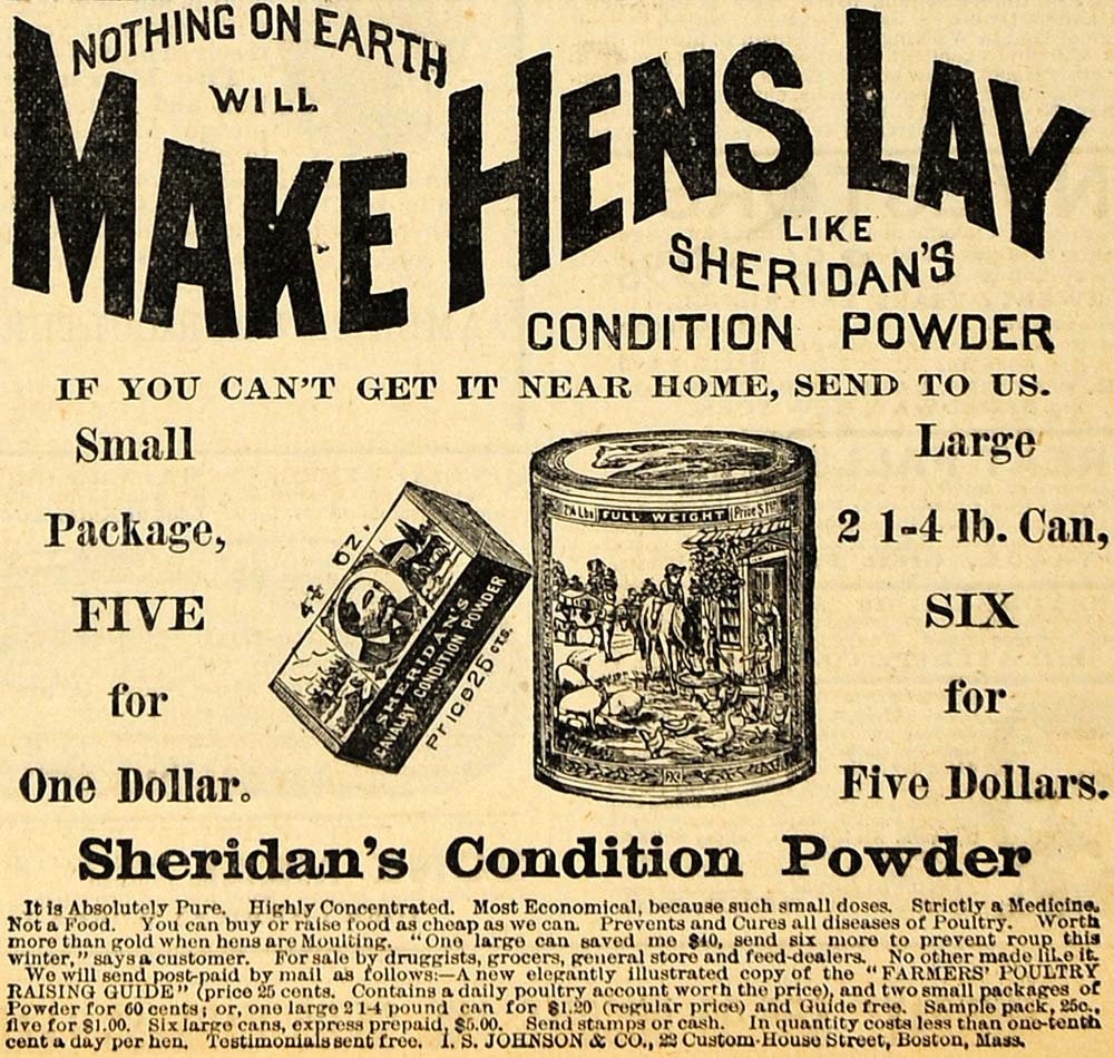1890 Ad Sheridan Condition Powder Make Hens Lay Eggs Poultry Disease AAG1