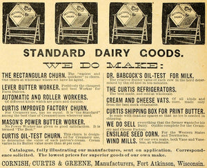 1890 Ad Dairy Farm Machinery Cornish Curtis Greene Fort Atkinson Wisconsin AAG1