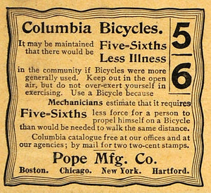 1893 Ad Antique Pope Bikes Columbia Bicycles Physical Exercise Illness AAG1