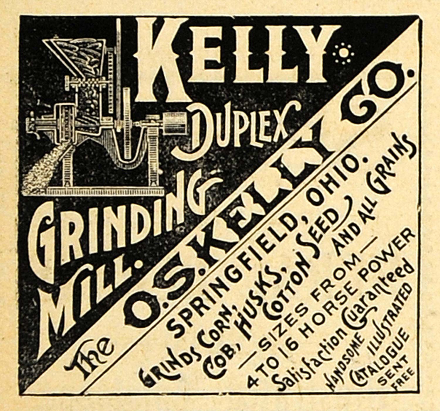 1892 Ad O. S. Kelly Duplex Grinding Corn Cotton Mill Agricultural Machinery AAG1