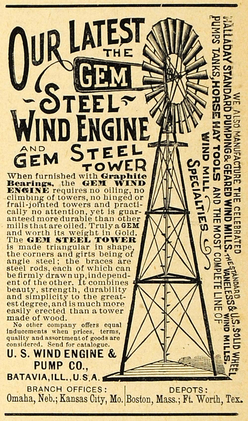1892 Ad Steel Wind Mill Engine Gem Steel Tower Batavia Illinois Farm AAG1