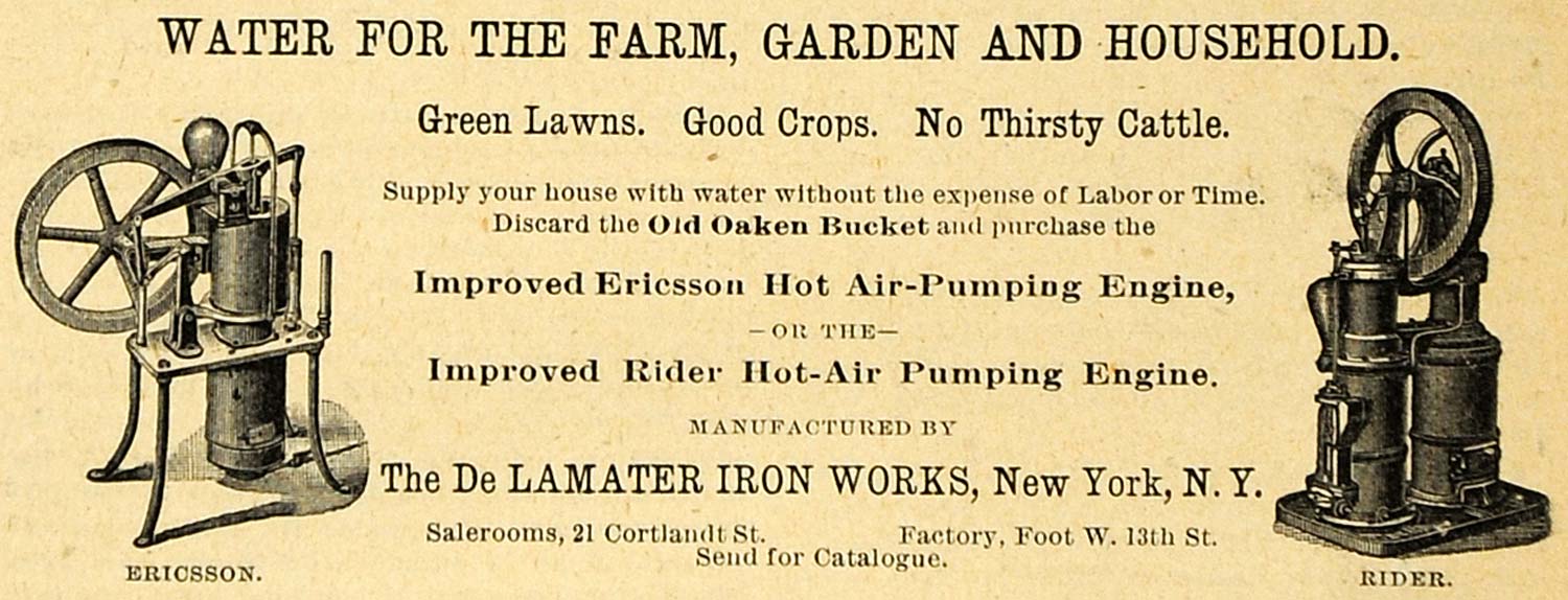 1892 Ad De Lamater Iron Ericsson Hot Air Pumping Engine Farm Garden Home AAG1