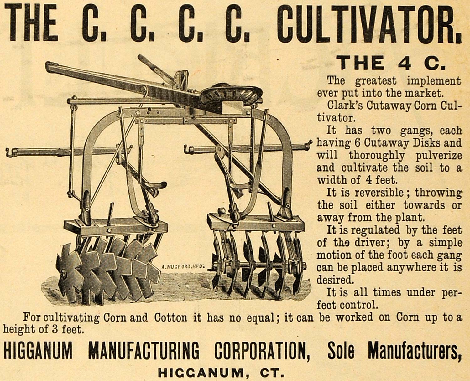 1890 Ad 4C Corn Cultivator Higganum Farming Agriculture Machinery Equipment AAG1