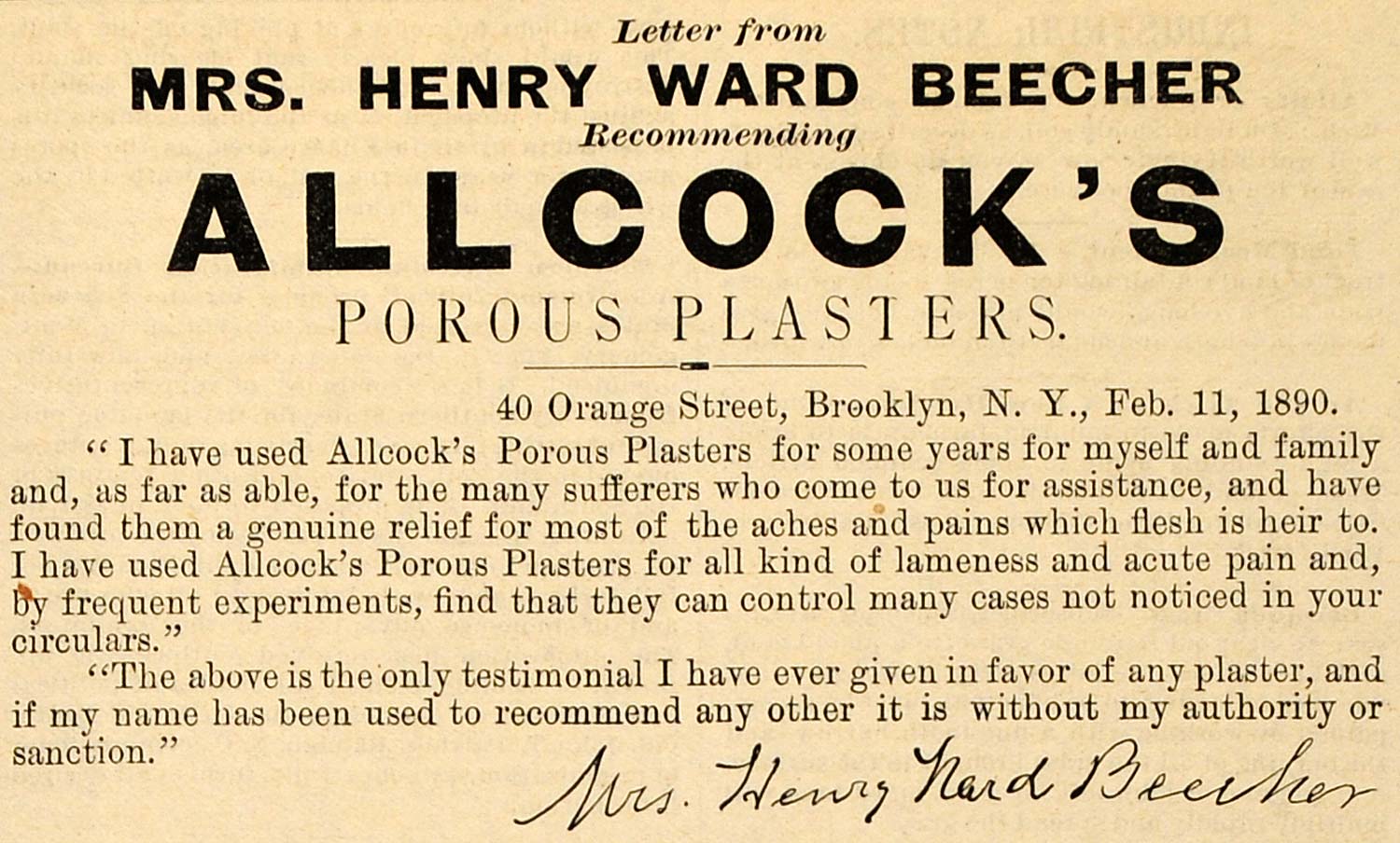 1890 Ad Allcock's Porous Plaster Mrs Henry Ward Beecher - ORIGINAL AAG1