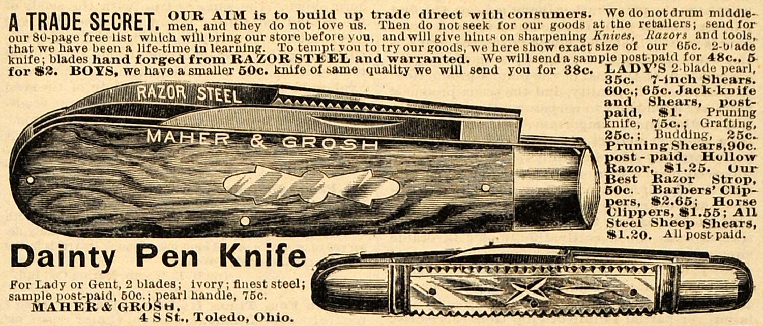 1890 Ad Dainty Pen Knife Maher Grosh Razor Steel Pruning Shears Clippers AAG1