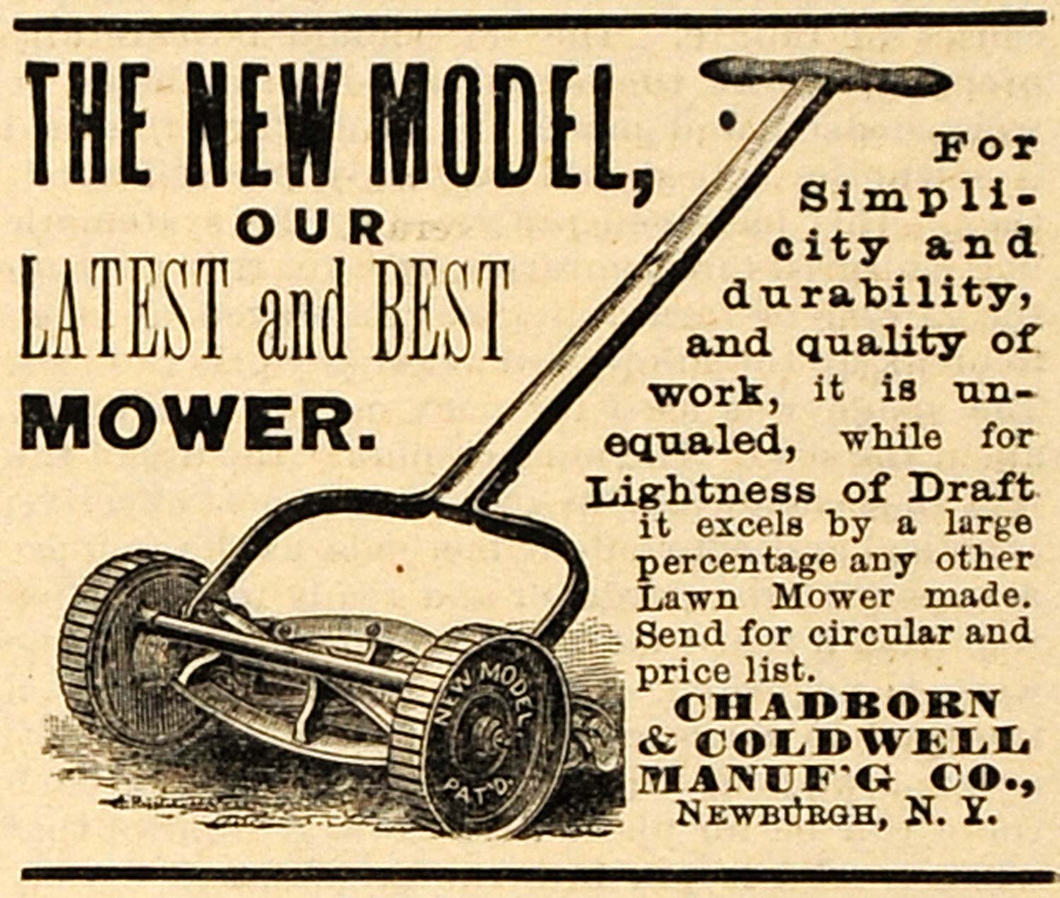 1890 Ad Chadborn Coldwell Push Lawn Care Mower Newburgh New York AAG1
