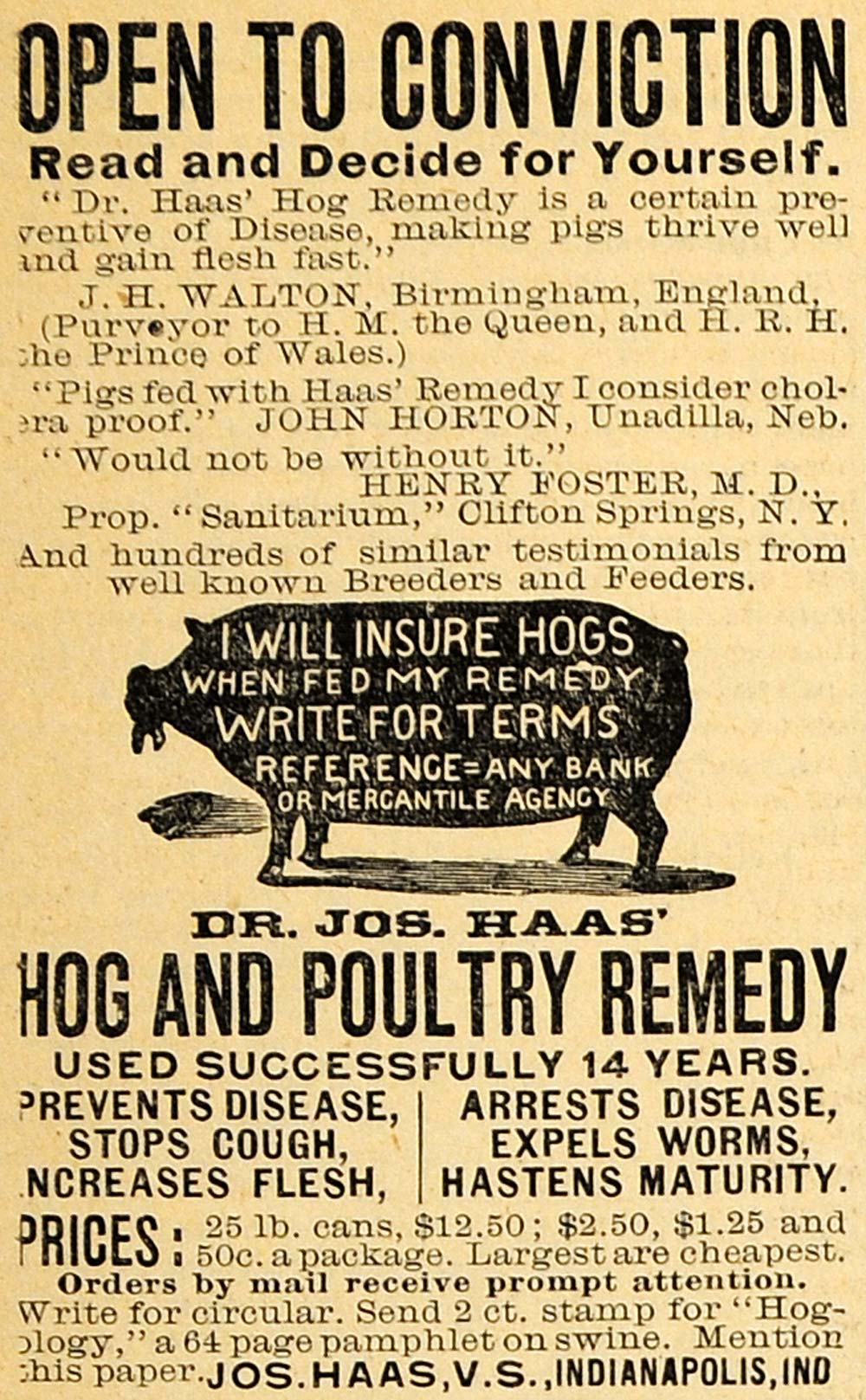 1890 Ad Dr. Haas Hog Poultry Remedy Disease Prevention Agricultural Farming AAG1
