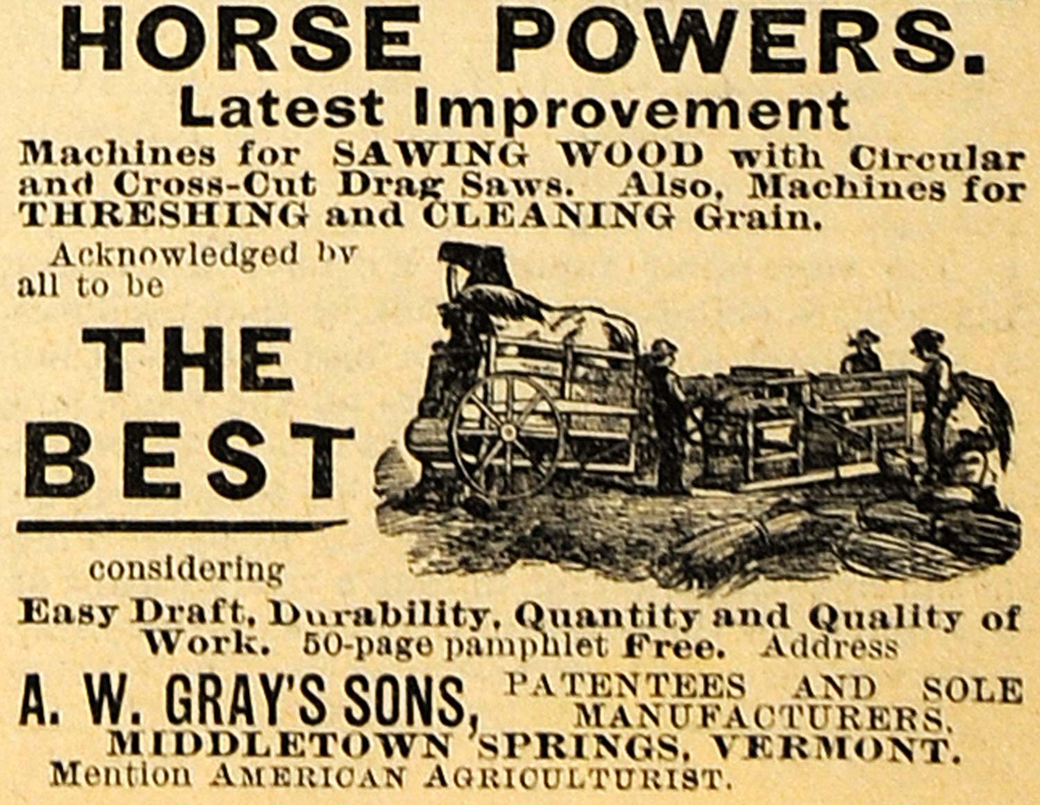 1890 Ad A. W. Gray Horse Powered Farm Machinery Grain Farm Agricultural AAG1
