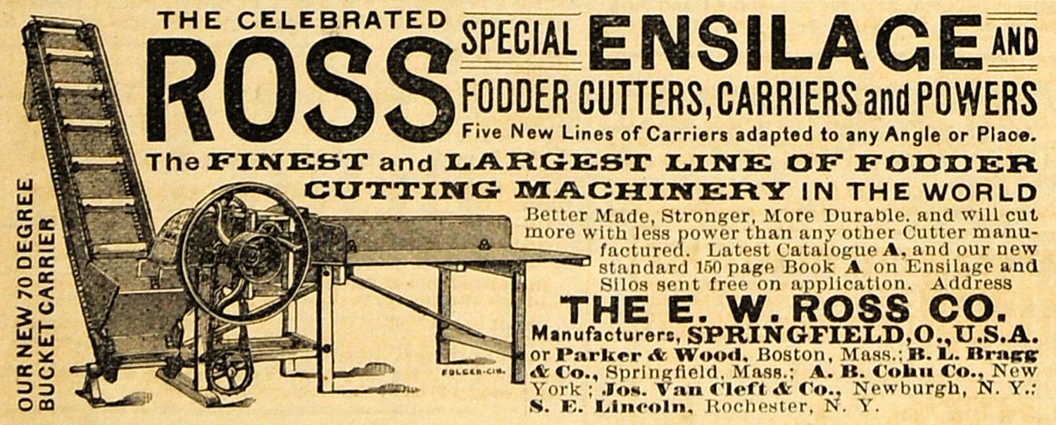 1890 Ad E. W. Ross Ensilage Fodder Cutters Carriers Farm Agriculture AAG1