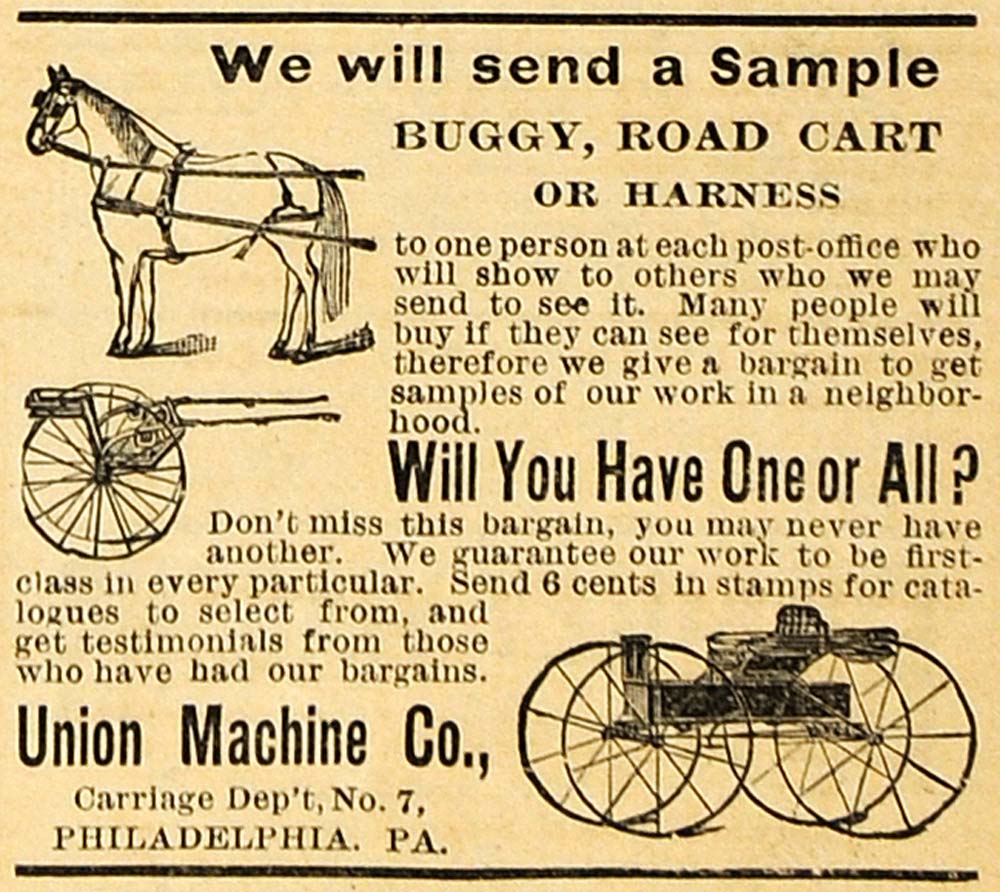 1890 Ad Union Machine Antique Buggy Road Cart Horse Harness Equestrian AAG1
