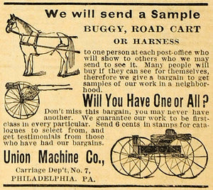 1890 Ad Union Machine Antique Buggy Road Cart Horse Harness Equestrian AAG1