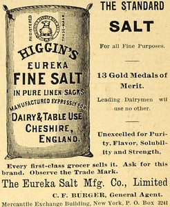 1890 Ad Higgins Eureka Table Salt Linen Sack Diary C. F. Burger Condiment AAG1