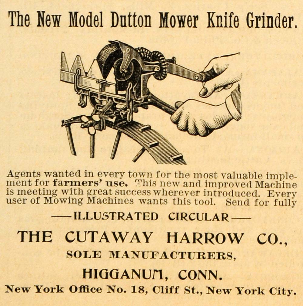 1893 Ad Cutaway Harrow Dutton Mower Knife Grinder Tool Agricultural AAG1