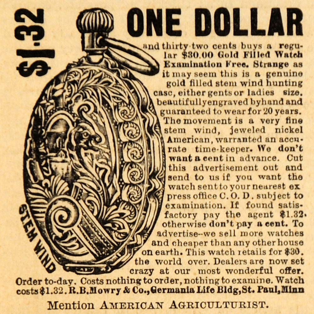 1893 Ad R. B. Mowry Gold Stem Wind Pocket Watch American Agriculturist AAG1