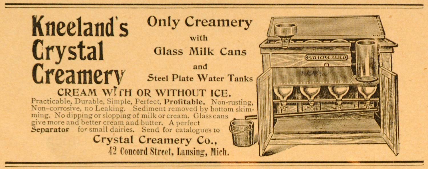 1893 Ad Crystal Creamery Kneeland Milk Can Steel Tank Dairy Farming AAG1