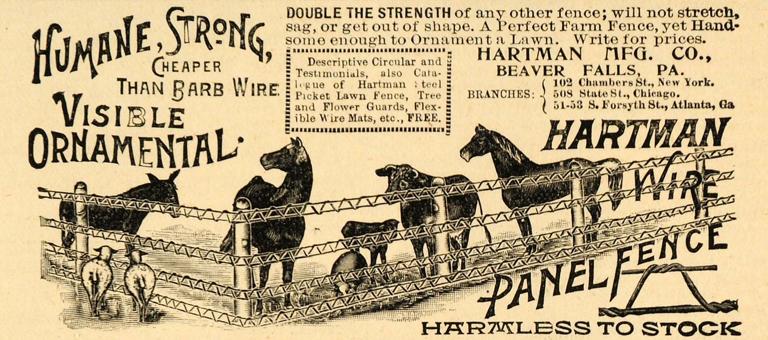1893 Ad Hartman Wire Panel Fence Farming Equestrian Horses Agricultural AAG1