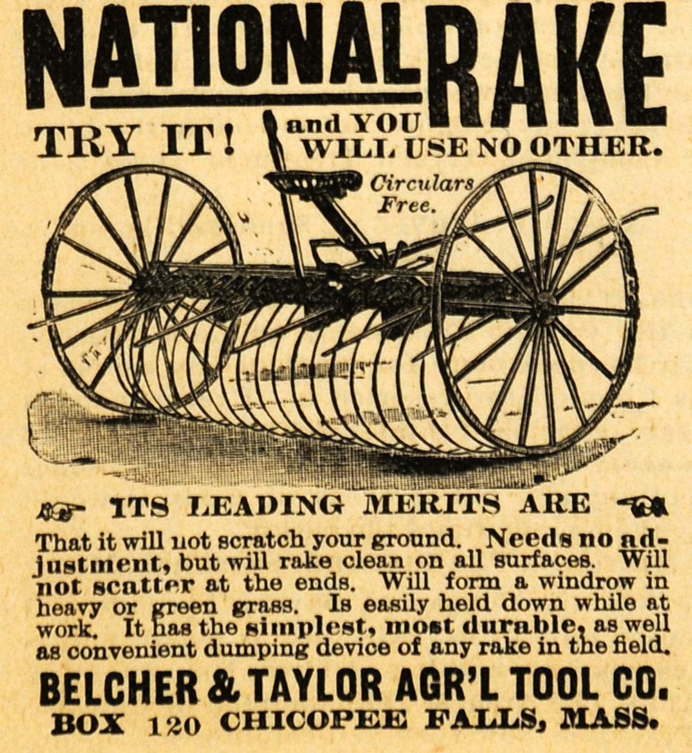 1893 Ad Belcher Taylor Farm Tools National Pull Rakes Agricultural AAG1