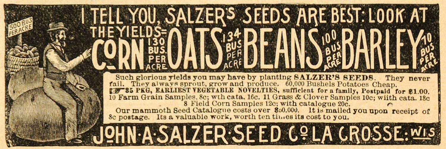 1893 Ad John A. Salzer Farm Seeds Corn Oat Beats Barley Agricultural AAG1