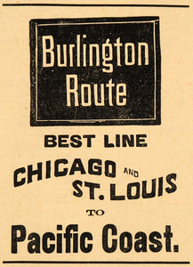 1892 Ad Burlington Train Route Chicago Pacific Coast St. Louis Railway AAG1