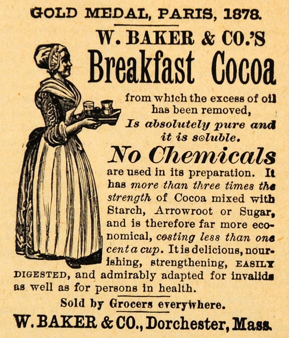 1892 Ad W. Baker Breakfast Cocoa Maid Logo Trademark Chemical Free AAG1