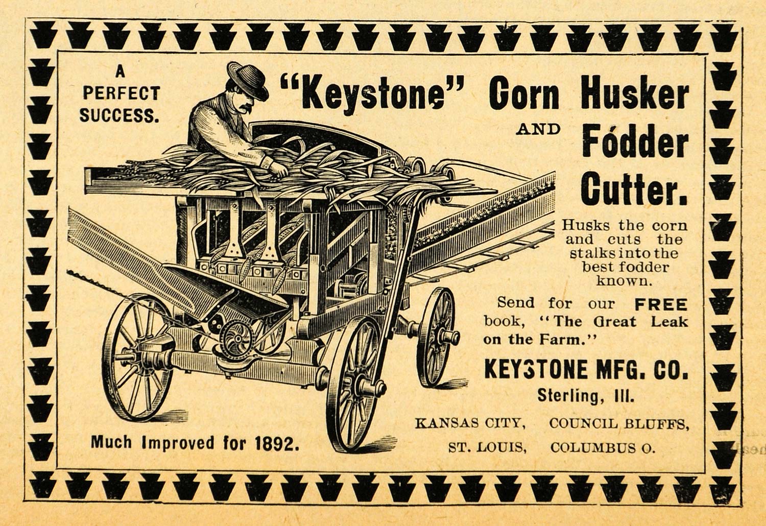 1892 Ad Keystone Corn Husker Fodder Cutter Farm Machinery Agricultural AAG1
