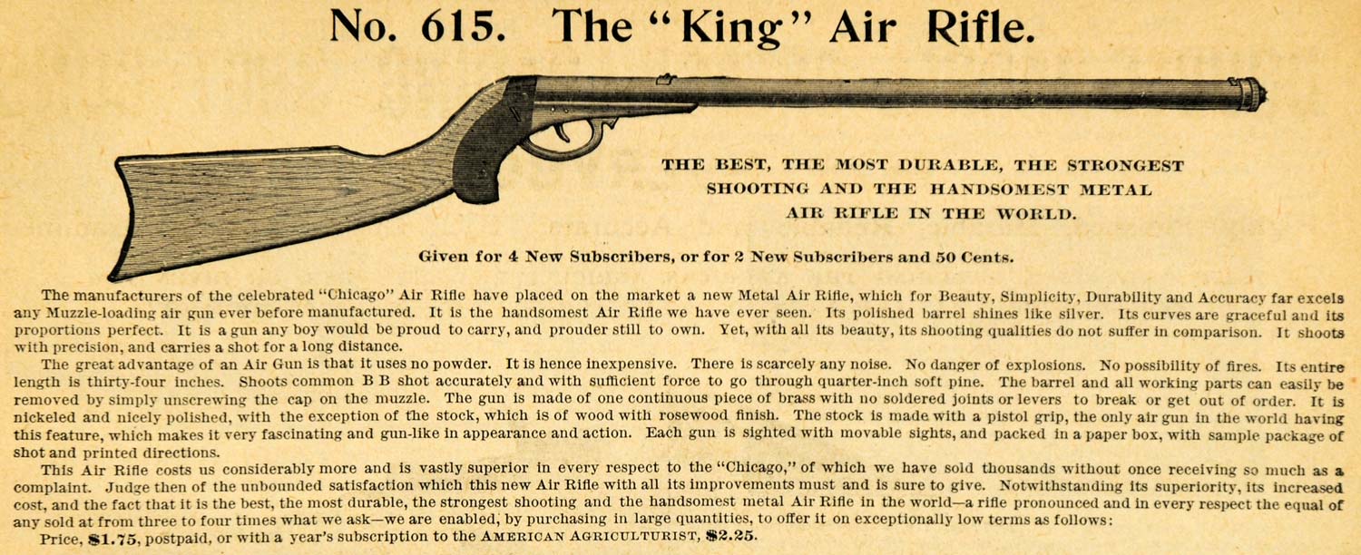 1892 Ad American Agriculturist Subscription Gift King Air Rifle Gun AAG1