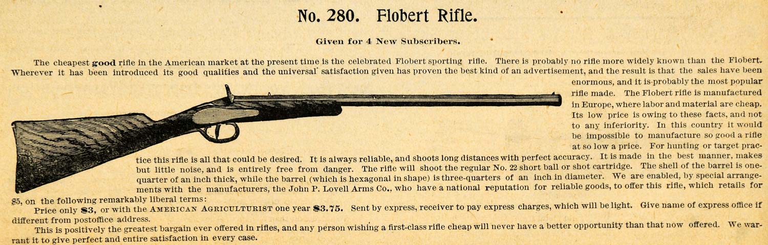 1892 Ad American Agriculturist Subscription Flobert Rifle Firearm Gun AAG1
