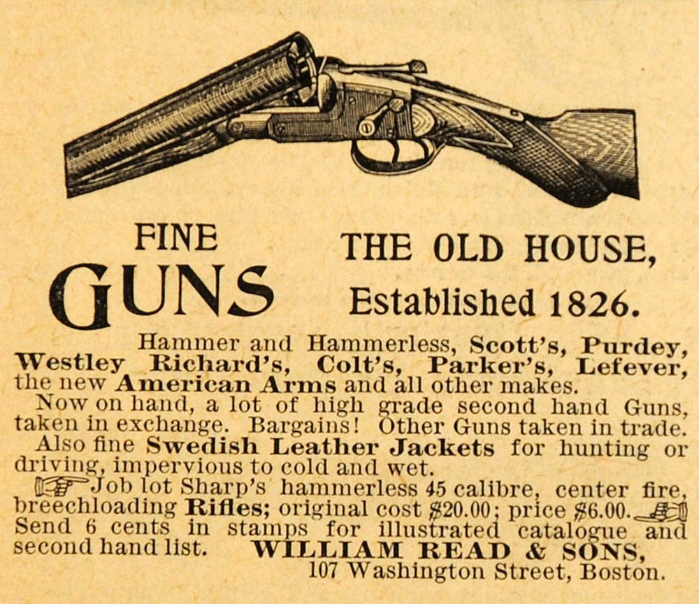 1892 Ad William Read Old House Firearms Scott's Purdey Colt Rifle Guns AAG1 - Period Paper

