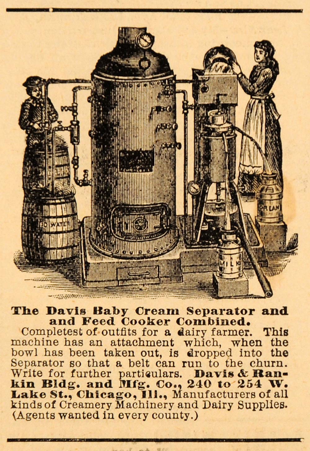 1893 Ad Davis Rankin Cream Separator Feed Dairy Farm Machinery Agricultural AAG1