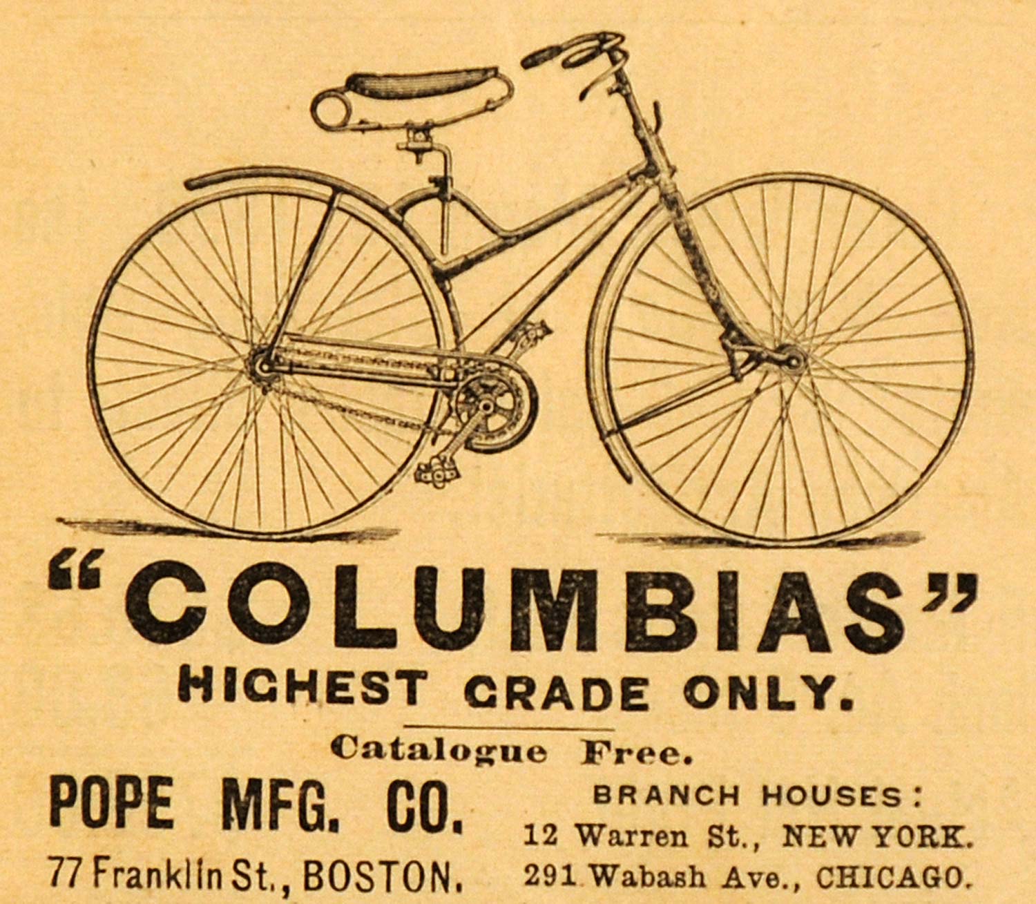1890 Ad Antique Pope Columbia Bicycles Bikes Biking Cycling Physical AAG1