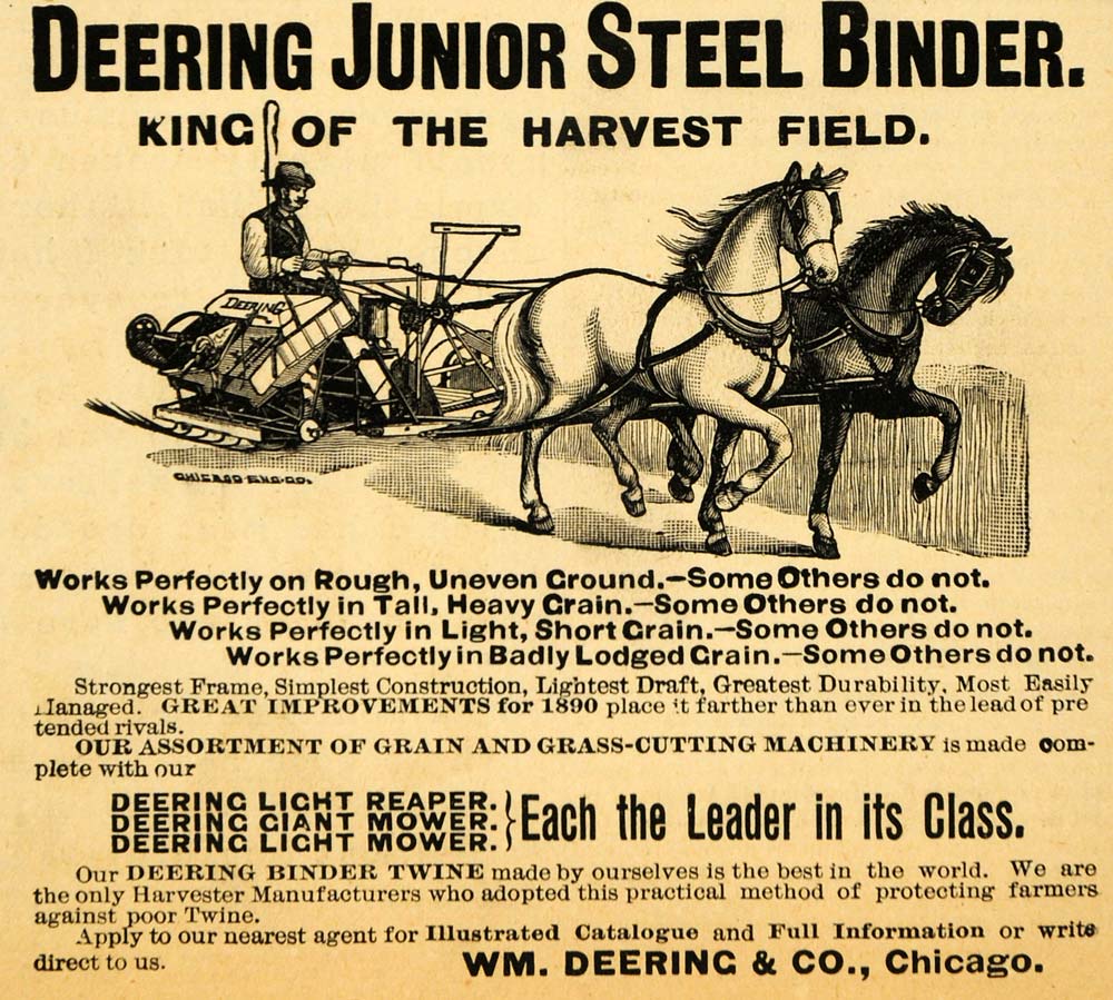1890 Ad William Deering Junior Bind Farming Machinery Horse Plow AAG1