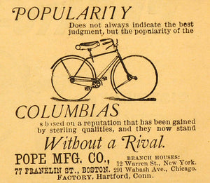1891 Ad Antique Pope Boston Columbia Bicycles Bikes Biking Cycling Exercise AAG1