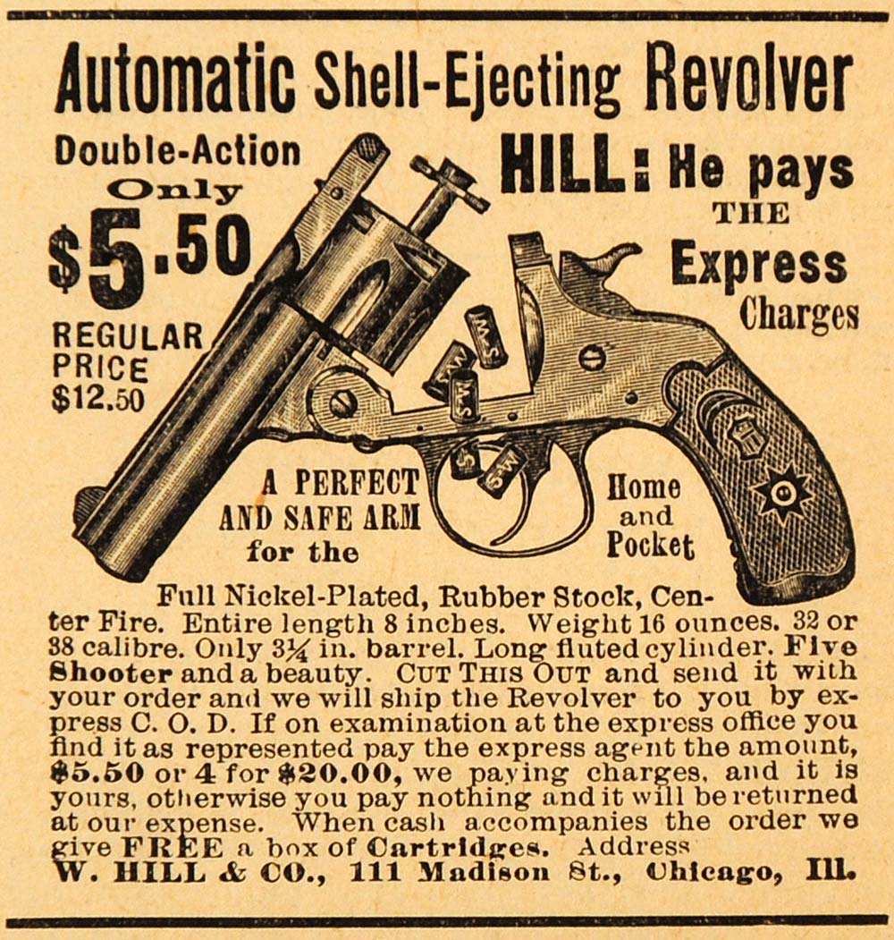 1891 Ad W. Hill Shell-Ejecting Self Defense Revolvers Firearms Handguns AAG1
