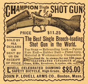 1891 Ad John P. Lovell Champion Single Shot Gun Rifle Firearm Hunting AAG1