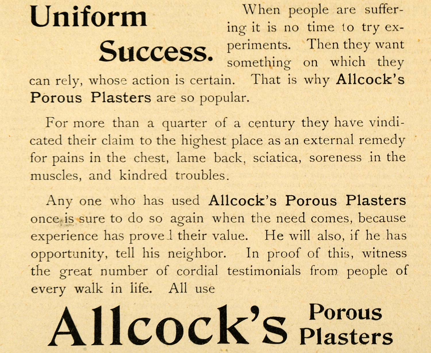 1893 Ad Allcock's Porous Plasters Chest Pain Relief Sciatica Medical AAG1