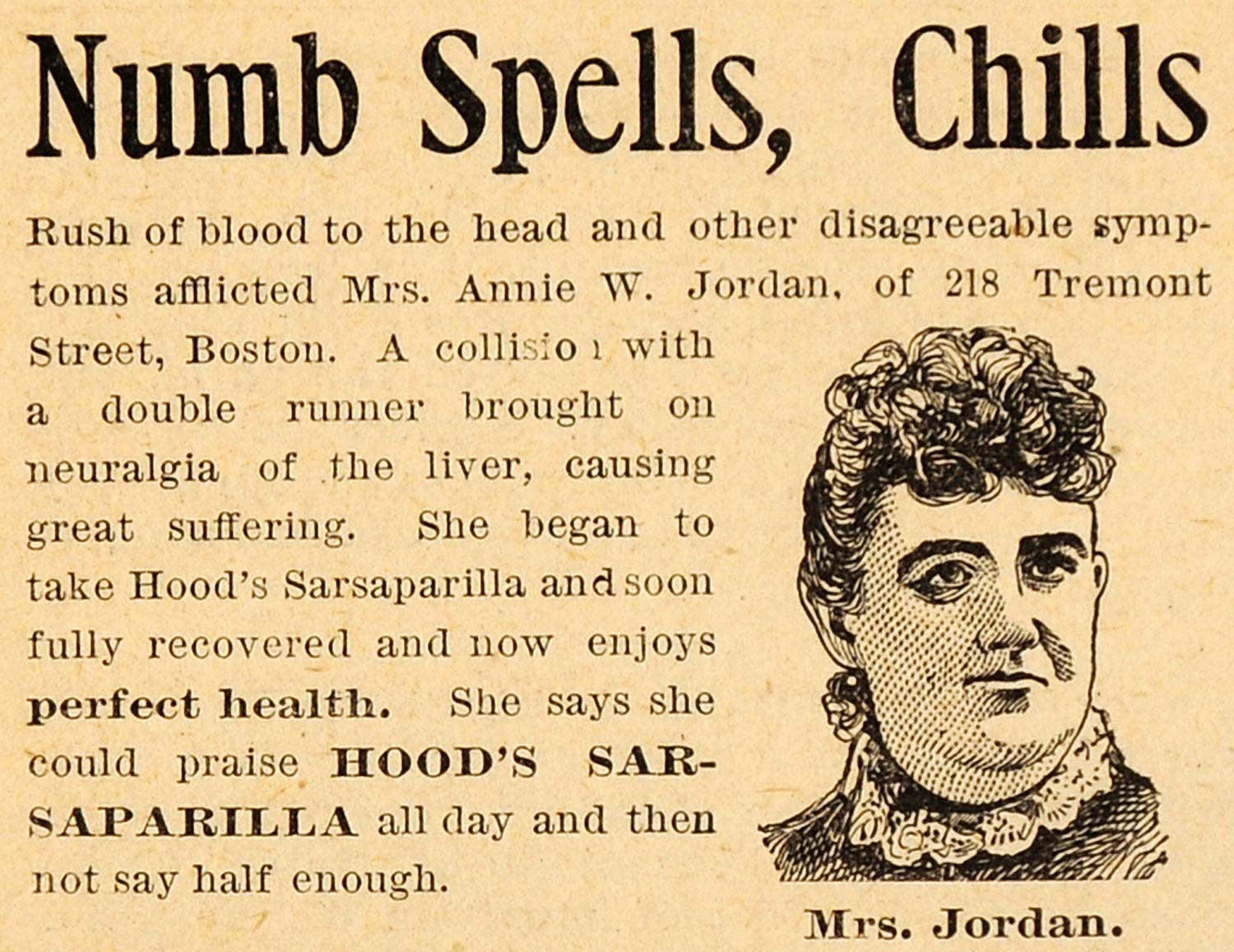 1893 Ad Hood's Sarsaparilla Annie W. Jordan Boston Numb Spells Liver AAG1